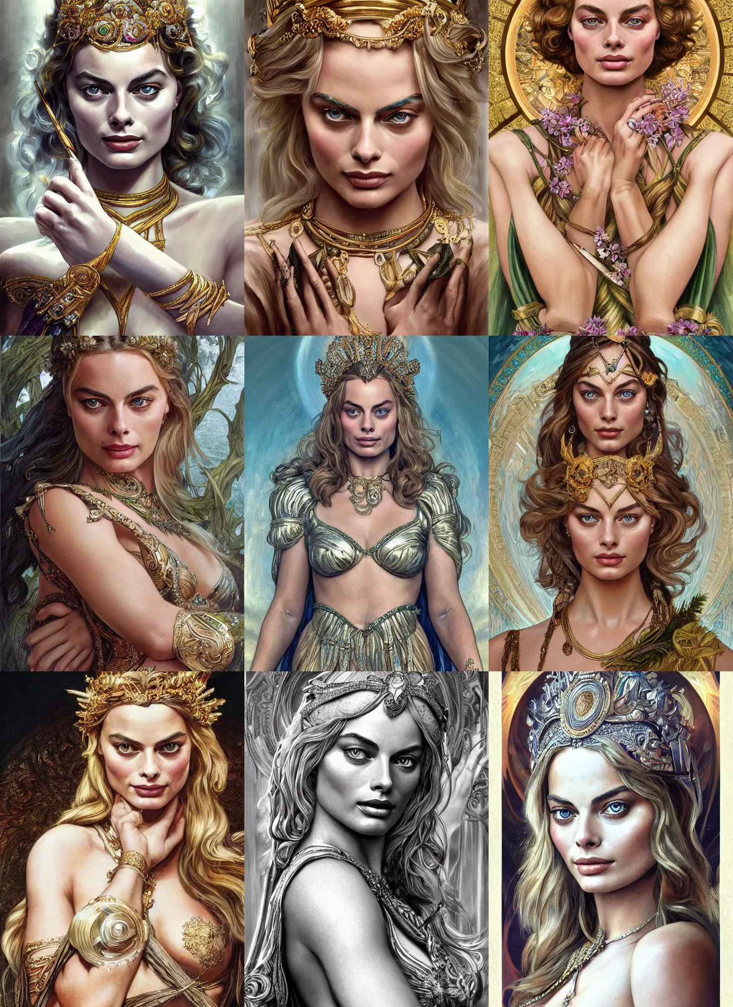 Prompt: Margot Robbie as a Greek Goddess, beautiful detailed eyes, beautiful hands, cute, fantasy, intricate, elegant, highly detailed, digital painting, 4k, HDR, concept art, detailed jewelry, smooth, sharp focus, illustration, art by Artgerm, H R Giger and Alphonse Mucha