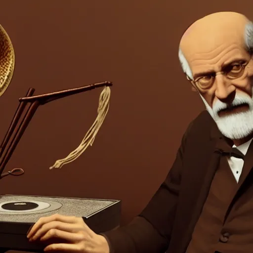 Prompt: Sigmund Freud eating string cheese and listening to a gramophone, PS4 cinematic trailer