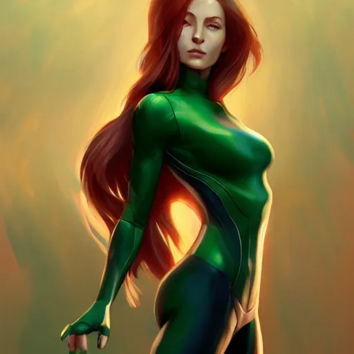 Image similar to jean grey, a half body of jean grey, green eyes, comic, x - men, highly detailed, artstation, digital painting, vivid colors, realistic shaded perfect face, soft lighting, atmospheric, cinematic, moody, in the style of krenz cushart, oil on canvas, 8 k
