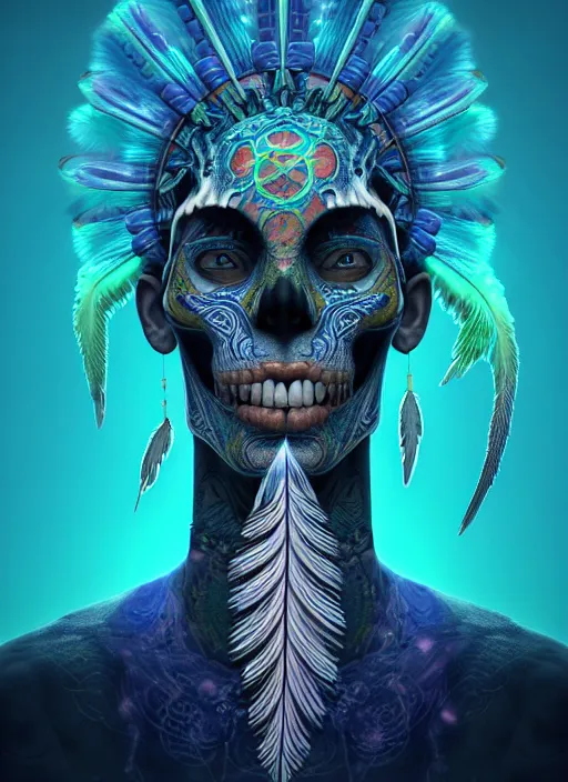 Image similar to 3 d shaman with tattoos profile portrait, sigma 5 0 0 mm f / 5. beautiful intricate highly detailed quetzalcoatl skull and feathers. bioluminescent, plasma, frost, water, wind, creature, gradient background, thunderstorm! artwork by tooth wu and wlop and beeple and greg rutkowski, 8 k trending on artstation,