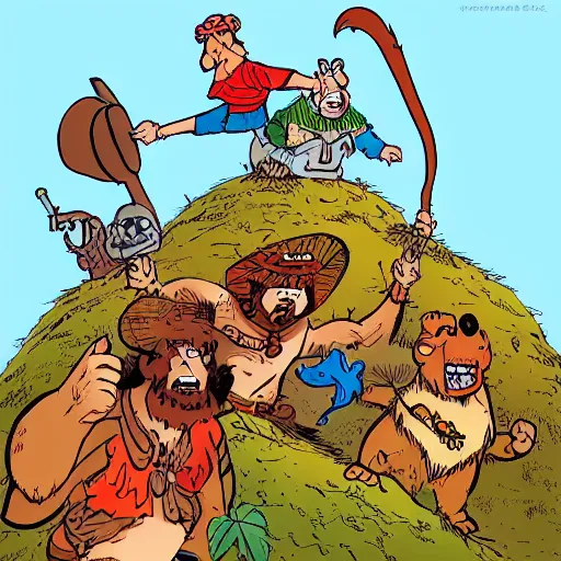 Image similar to groo the wanderer and rufferto in an epic pose on top of a mountain illustration by sergio aragones