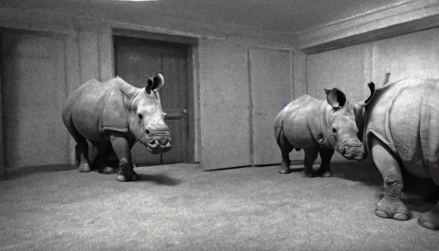 Image similar to a rhinoceros in a stalinist style room, by mini dv camera, very very low quality, heavy grain, very blurry, caught on trail cam