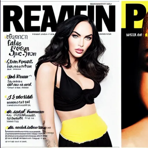 Prompt: “megan fox face skinned in lemon skin , photo real cover magazine”