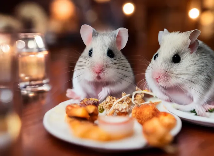 Prompt: photo of a hamsters on a date, eating various michelin dishes, at night, faded colors, candlelit restaurant table, various poses, soft light, centered, sharp focus, 8 k