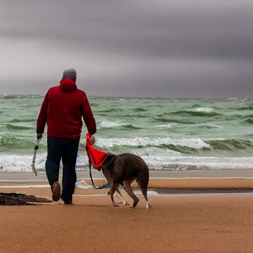 Prompt: World is Ending while man is walking dog on a beach
