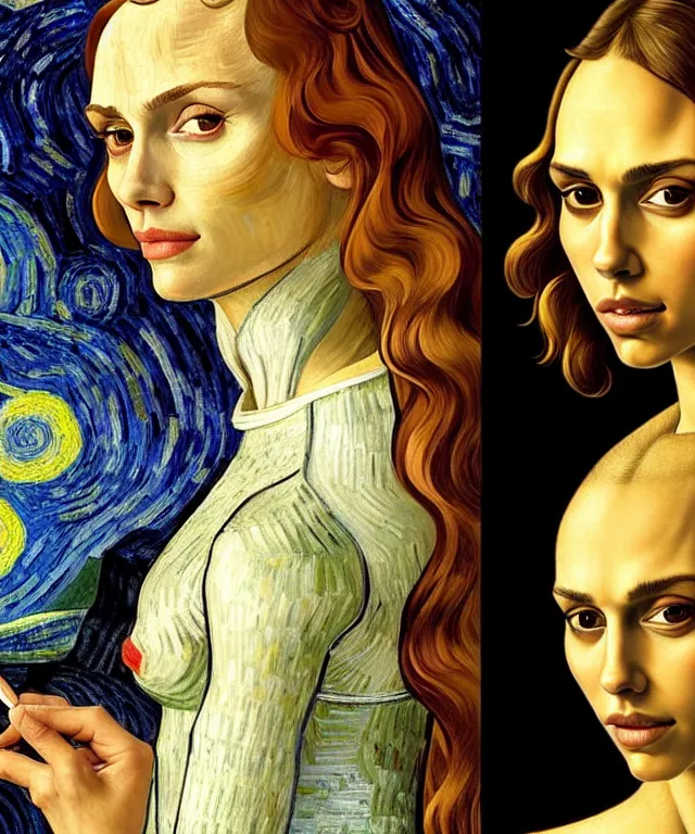 Image similar to half Nathalie portman half jessica alba portrait by Sandro Botticelli and Van gogh, sci-fi, amber eyes, beautiful face, appealing long hair, fantasy, intricate, elegant, highly detailed, digital painting, artstation, concept art, smooth, sharp focus, oil painted illustration by Sandro Botticelli and Van Gogh