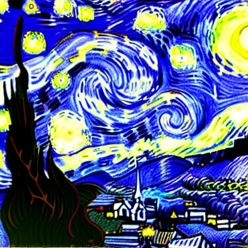 Image similar to Starry night vii poster but the black is white and the dark blue is light, deep detailed