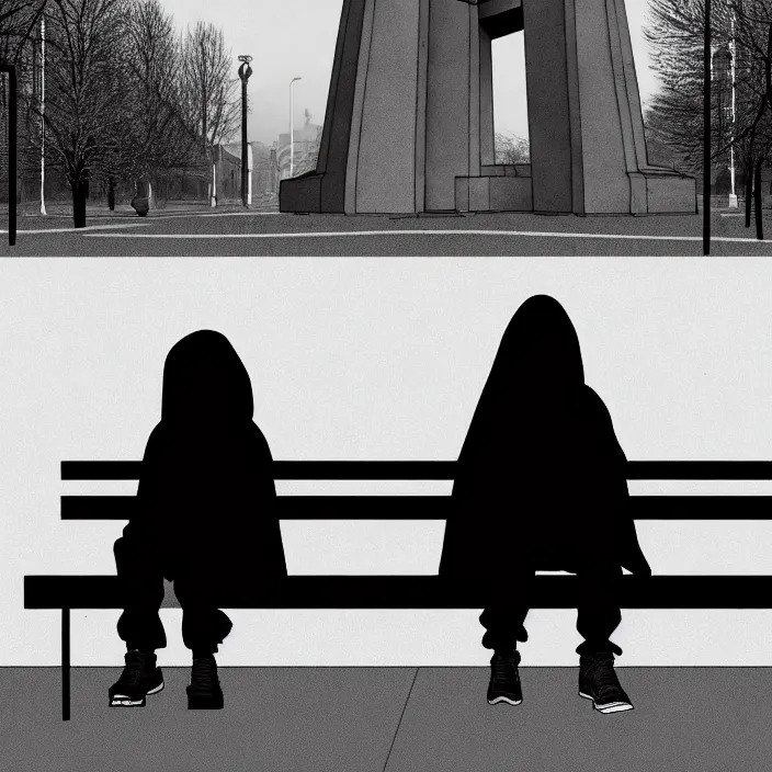 Image similar to sadie sink in hoodie sits on bench in a square, pedestrians walk by. background of old soviet monument and pedestrians. storyboard, scifi cyberpunk. by gabriel hardman, joe alves, chris bonura. cinematic atmosphere, detailed and intricate, perfect anatomy