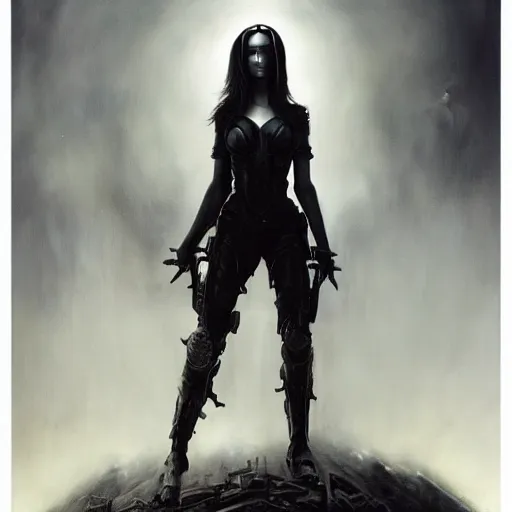 Image similar to By Tom Bagshaw and Boris Vallejo, ultra realist soft painting of a warzone by night, centered Gothic fully armored Megan Fox standing, horror, omnious sky, symmetry accurate features, very intricate details, black and white, volumetric light clouds