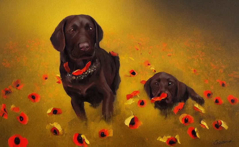 Prompt: a painting of a chocolate labrador on a yellow background with red poppy's trending on artstation in the style of greg rutkowski