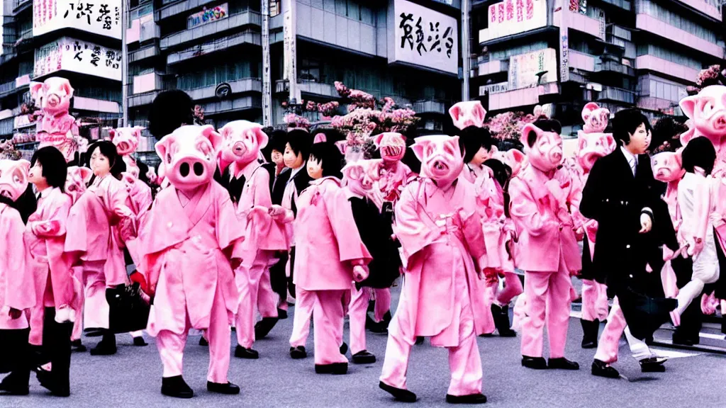 Image similar to manga of the imperial family in a parade on the streets Tokyo the imperial family are all dressed in pink and wearing pig masks, film still from the an anime directed by Katsuhiro Otomo with art direction by Salvador Dalí, wide lens