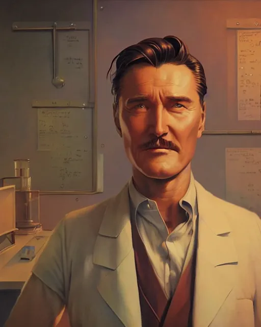 Image similar to Errol Flynn as a scientist. 1980s dystopian Soviet Russia, propaganda screens. Stephen Bliss, unreal engine, fantasy art by Greg Rutkowski, Loish, Rhads, Makoto Shinkai and Lois van baarle, Ilya Kuvshinov, rossdraws global illumination, radiant light, faithfully depicted facial expression, perfect anatomy, detailed and intricate environment