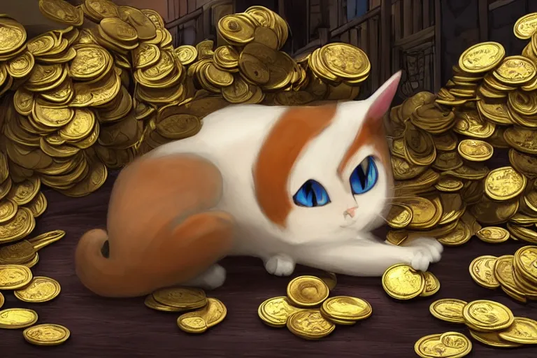 Prompt: meowth, cat pokemon, surrounded by gold coins, photorealism, cinematography