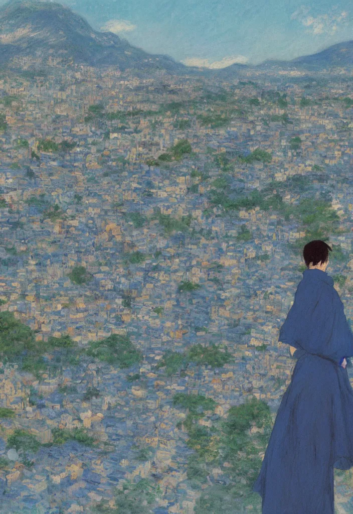 Image similar to tiny lost king wearing a cape in front of a japanese city with beautiful ryokans and edo era houses. cyberpunk. beautiful blue sky. gorgeous epic nature inside the city. lofi. vivid colors, amazing light, by jeremy lipkin, by claude monet, heavily inspired by makoto shinkai, inspired by ghibli, masterpiece, multiple brush strokes, impressionist style