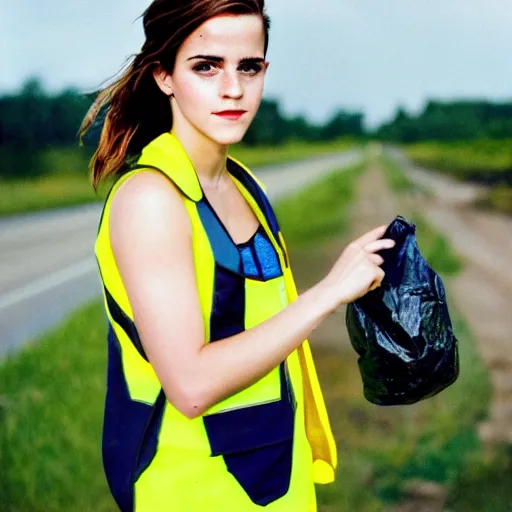 Image similar to photo, close up, emma watson in a hi vis vest picking up trash on the side of the interstate, portrait, kodak gold 2 0 0,