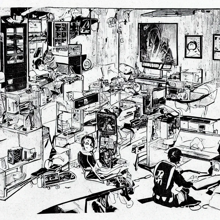 Prompt: manga illustration of teenager playing video games inside creepy 1 9 8 0's living room basement.