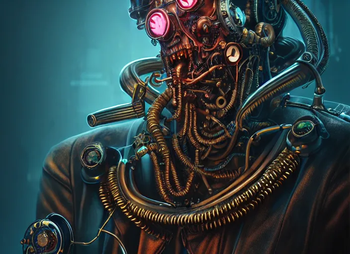 Image similar to an intricately detailed ultra - realistic unreal engine 5 rendering of a portrait of steampunk cyberpunk neon - bordered cyborg zombie dracula, concept art, intricate details, eerie, highly detailed, photorealistic, octane render, 8 k uhd art by kilian eng