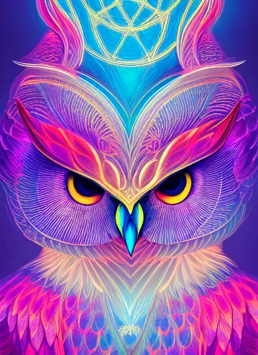 Image similar to symmetry!! product render poster vivid colors divine proportion owl, divine, glowing fog intricate, elegant, highly detailed, digital painting, artstation, concept art, smooth, sharp focus, illustration,