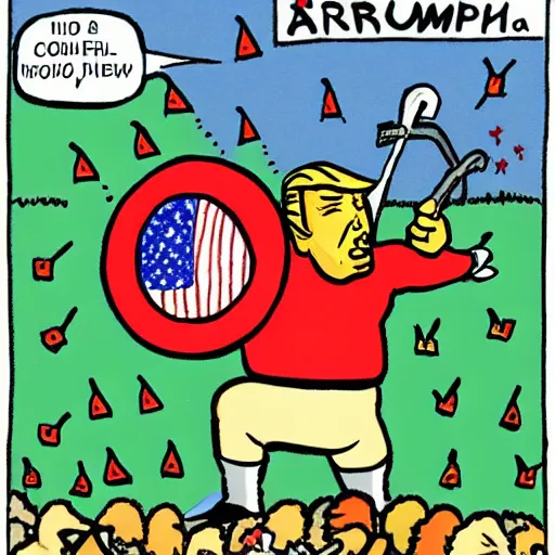 Image similar to political cartoon in color of trump cowering beneath a shield made of hundreds of tiny little people. the shield is being pelted by arrows. ( side view of trump in a squatting position holding the human shield )