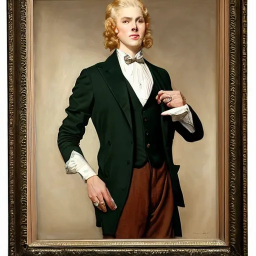 Image similar to beautiful Painting of lucius as a tailor, long blond drill curls, delicate androgynous prince, pale milky porcelain skin, sharp tan suit and waistcoat, by Leyendecker and Norman Rockwell