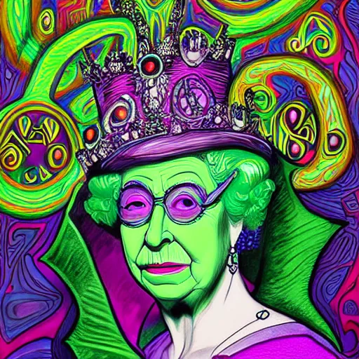 Image similar to an extremely psychedelic portrait of queen elizabeth as the riddler, surreal, lsd, face, detailed, intricate, elegant, lithe, highly detailed, digital oth, sharp focus, illustration,