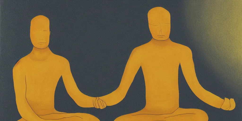 Image similar to a paiting of a golden faceless man in meditation position