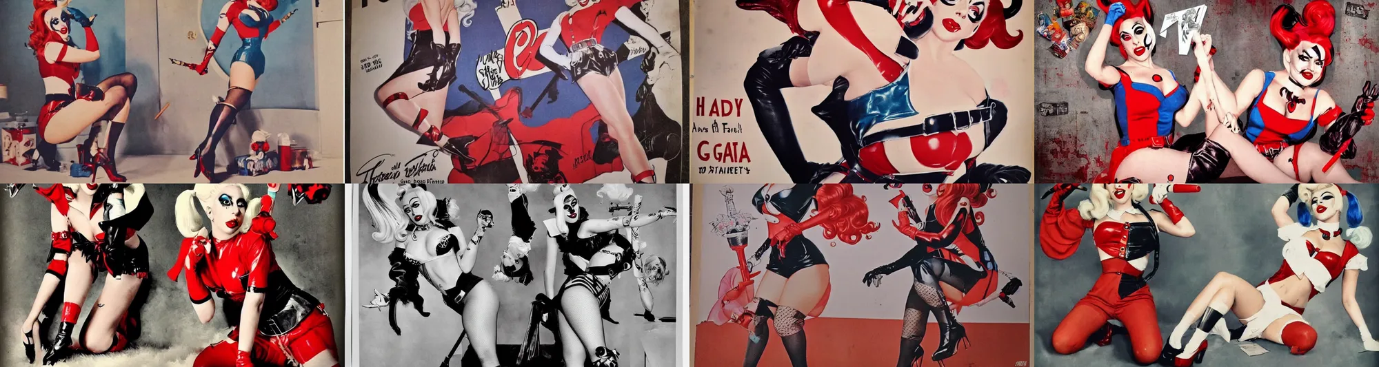 Prompt: a vintage pinup photo poster of lady gaga as harley quinn,