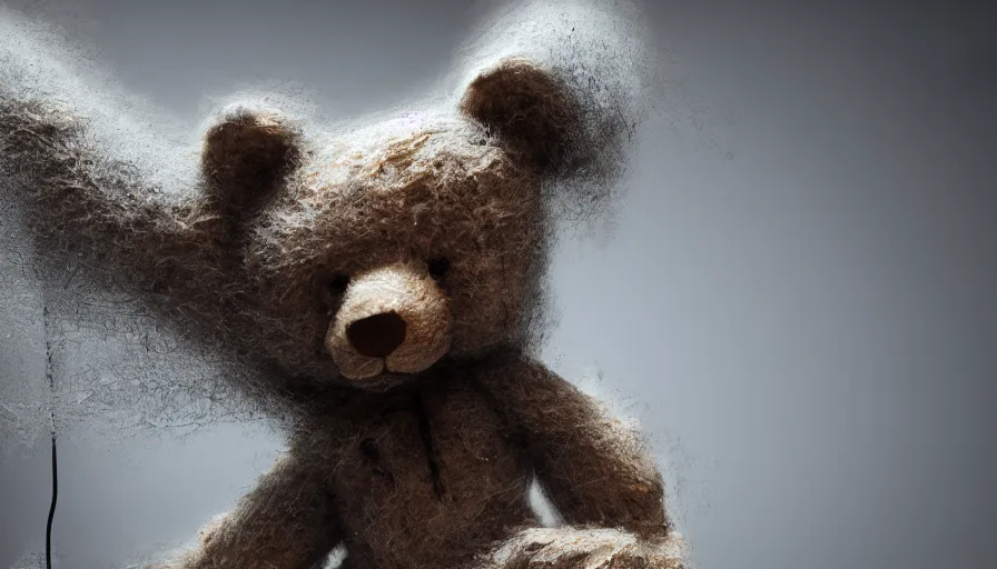 Prompt: teddy bear covered by dust and cobwebs on a dusty old wooden table, cracked wall, small light, hyperdetailed, artstation, cgsociety, 8 k