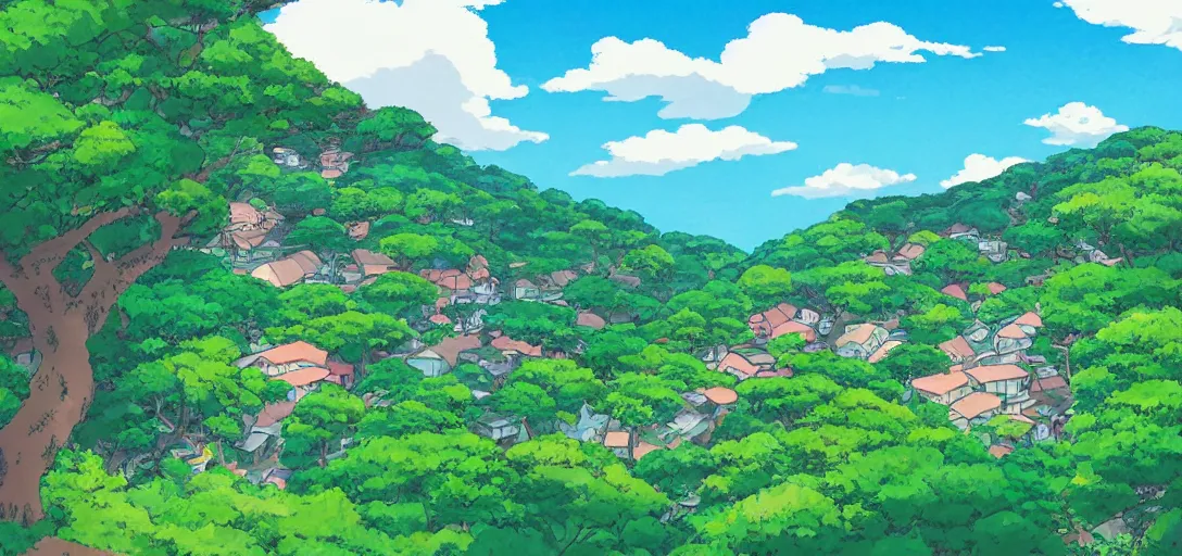 Image similar to studio ghibli style, hilly countryside and ocean