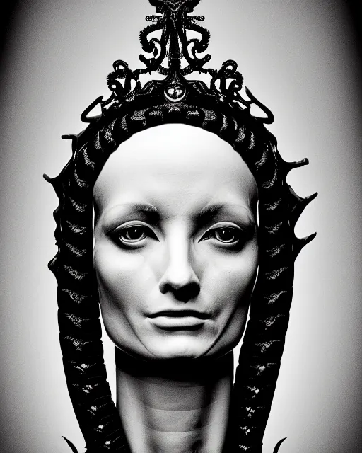 Image similar to a black and white high quality old photo of a young beautiful female queen-dragon-cyborg bust with a very long neck and Mandelbrot fractal face, Mandelbrot fractal skin, flesh, anatomical, facial muscles, veins, arteries, elegant, highly detailed, flesh highly baroque ornate, hair are wired cables, elegant, high fashion, rim light, octane render, in the style of H.R. Giger and Louis Daguerre, Realistic, tintype, Refined, Digital Art, Highly Detailed, Cinematic Lighting, rim light, black and white, photo-realistic, 8K
