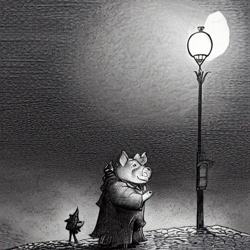 Image similar to pig in a tuxedo, illustration by Gustave Doré, moon, clouds, street lamp, high detail, eerie, street lamp, barn, creepy, dark, night, misty, moon, chiaroscuro, film noir