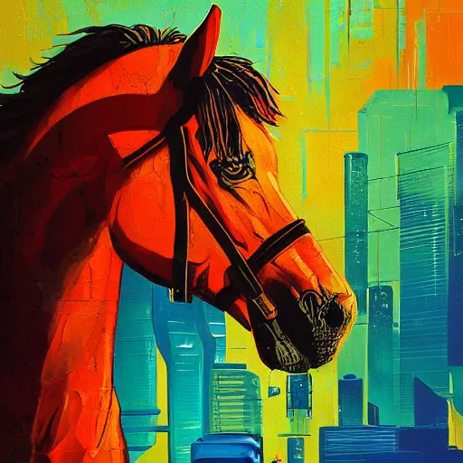 Prompt: 4 0 1 1 6 7 1 9 2 4 a graph style gauche impasto, horses, cyberpunk art by james gilleard, city depth of field, cgsociety, retrofuturism, synthwave, retrowave, outrun, painting, pastel colors, high detail.