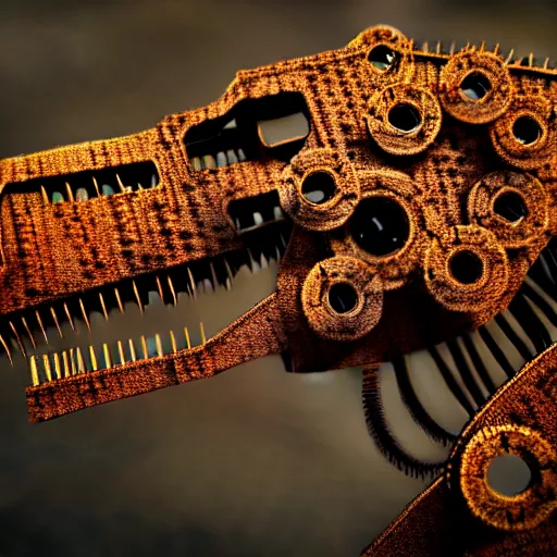 Prompt: a t-rex made out of rusty gears and wires showing life signs, photorealistic, bokeh, octane render, coherent