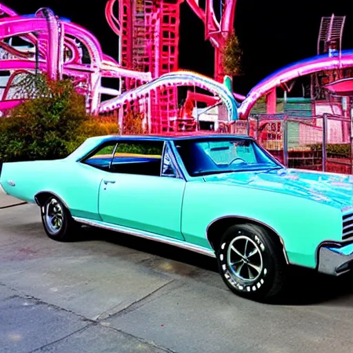 Prompt: a 1 9 6 6 pontiac gto parked next to a neon - colored roller coaster, night photo
