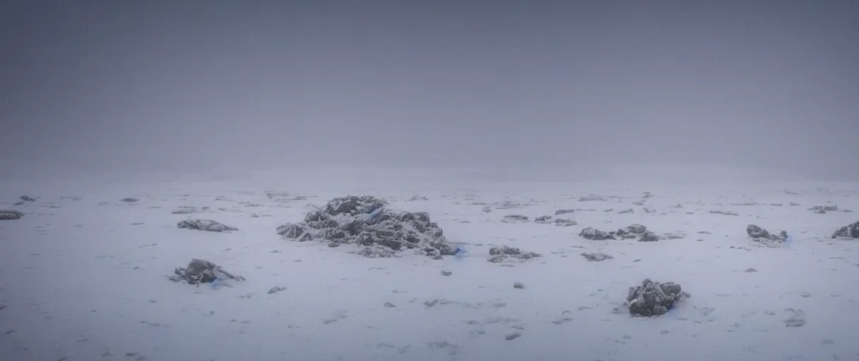 Image similar to a high quality color creepy atmospheric extreme wide angle shot hd 4 k film 3 5 mm photograph of a total white out blizzard in a desolate antarctica landscape