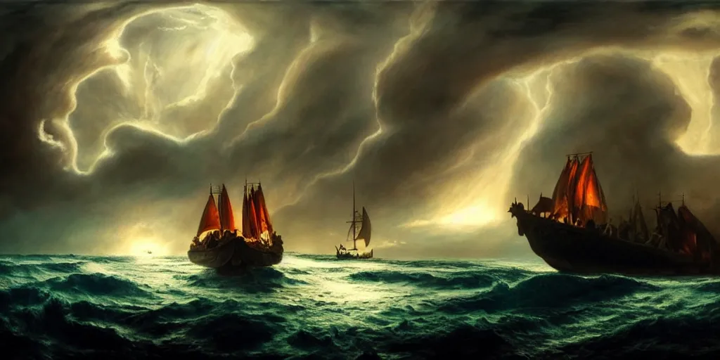 Image similar to Odysseus's ship sailing past the gates of Hell, by Rolf Armstrong and Evelyn De Morgan and Bastien Lecouffe-Deharme, dramatic lighting, high contrast colors, baroque, empyrean, panoramic view, as trending on Artstation, highly detailed, doom engine,