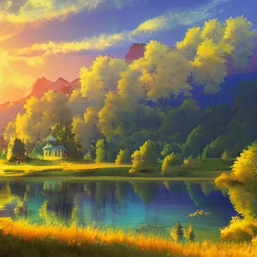 Image similar to a masterpiece detailed beautiful landscape of russian village, trees, lake, mountains, golden hour, sunset, by Makoto Shinkai