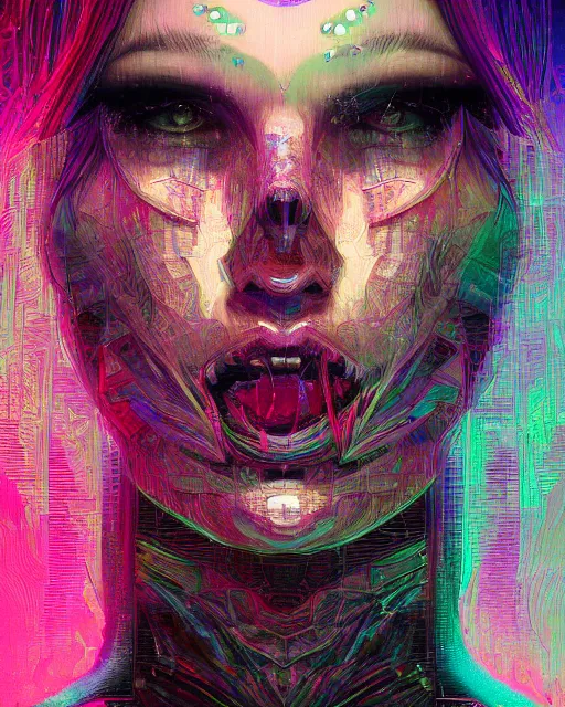 Image similar to glitch art close up portrait vampire, glitches, vaporwave, highly detailed, very intricate, graphical errors, neon glitch, chromatic aberration, harsh lighting, award - winning, unreal engine 5, illustration by mandy jurgens and alphonse mucha and alena aenami, glitch color palette, featured on artstation