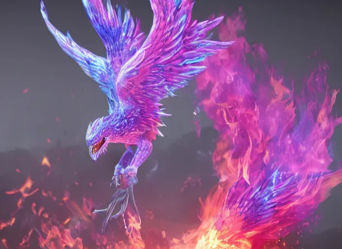 Image similar to pink and blue flaming phoenix, unreal engine 5, intricate, detailed, realistic