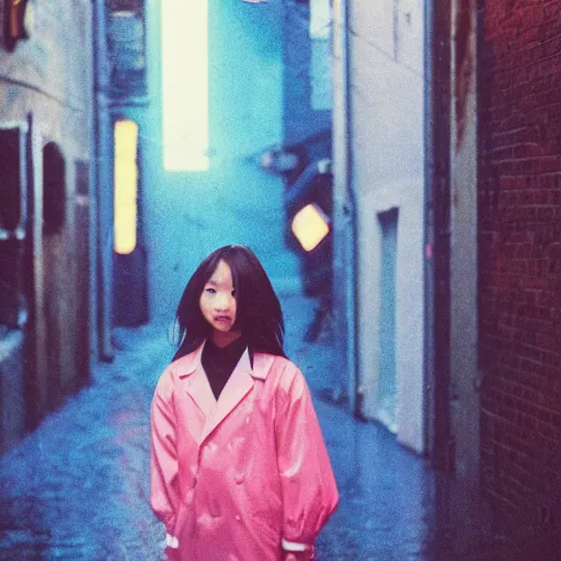 Image similar to 1990s perfect 8K HD professional cinematic photo of close-up japanese schoolgirl posing in dystopian alleyway with neon signs, at evening during rain, at instagram, Behance, Adobe Lightroom, with instagram filters, depth of field, taken with polaroid kodak portra