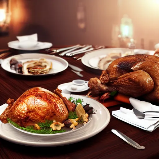 Prompt: a beautiful photo of a diner table with roasted turkey, ultra realistic details, 8 k, candlelight, ambient light