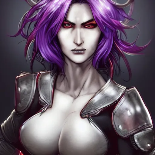 Image similar to extreme close up portrait, pale woman with flowing purple hair in rusty sci - fi power armor, high detail, eyepatch, covered eye, black and red background, stoic, elegant, muscles, powerful, commanding, by stjepan sejic, sunstone, dc comic, marvel comic