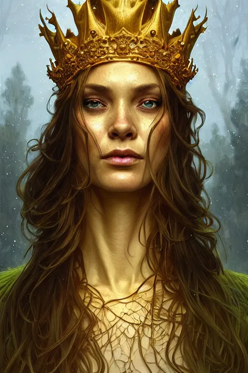 Image similar to Portrait of swamp monster with a golden crown on its head, D&D, face, fantasy, intricate, elegant, highly detailed, digital painting, artstation, concept art, smooth, sharp focus, illustration, art by artgerm and greg rutkowski and alphonse mucha