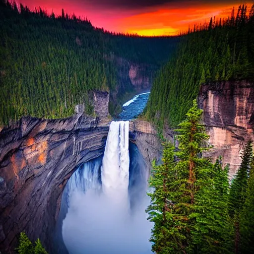 Prompt: helmcken falls, sunset lighting, ultra high definition, realistic, photograph, award winning, nature