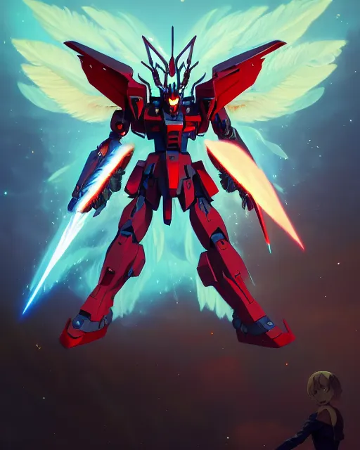 Image similar to highly detailed vfx portrait of an demonic gundam with wings of feathers beam saber fighting in space with a beam gun, unreal engine, greg rutkowski, loish, rhads, beeple, makoto shinkai and lois van baarle, ilya kuvshinov, rossdraws, tom bagshaw, alphonse mucha, global illumination, detailed and intricate environment