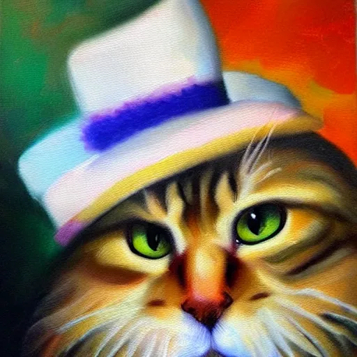 Prompt: Portrait Oil Painting, Ginger Ginger Ginger Maine-Coon with a white white white beard wearing a sombrero sombrero sombrero sombrero