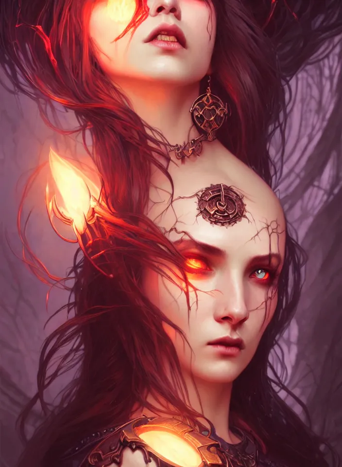 Image similar to Necromancer Sorceress face in center, fantasy magic, undercut hairstyle, dark light night, intricate, elegant, sharp focus, illustration, highly detailed, digital painting, concept art, matte, art by WLOP and Artgerm and Greg Rutkowski and Alphonse Mucha, masterpiece