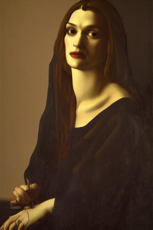 Prompt: true to life portrait en buste of rachel weisz by johannes vermeer, baroque, dark moody colors, highly detailed, artstation, illustration
