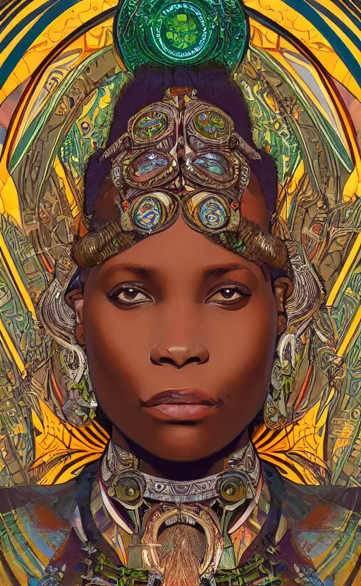 Prompt: upper half portrait of retro futuristic african tribal chief - embellished with vegetation and iridescent crystals, art by alphonso mucha, highly detailed, digital painting, concept art, illustration, smooth sharp focus, intricate, symmetry, artstation, colourful,