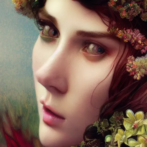 Prompt: closeup portrait fashion photo of divine beauty, beautiful detail and color, art by john collier and albert aublet and krenz cushart and artem demura and alphonse mucha, volumetric lighting, octane render, 4 k resolution, matte, sharp focus, illustration, art by jacque - louis david, baroque style